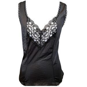 VTG 90s babydoll cami Top Black Lace Trim lingerie Tank SEARS 80s Whimsy Sz 38 L